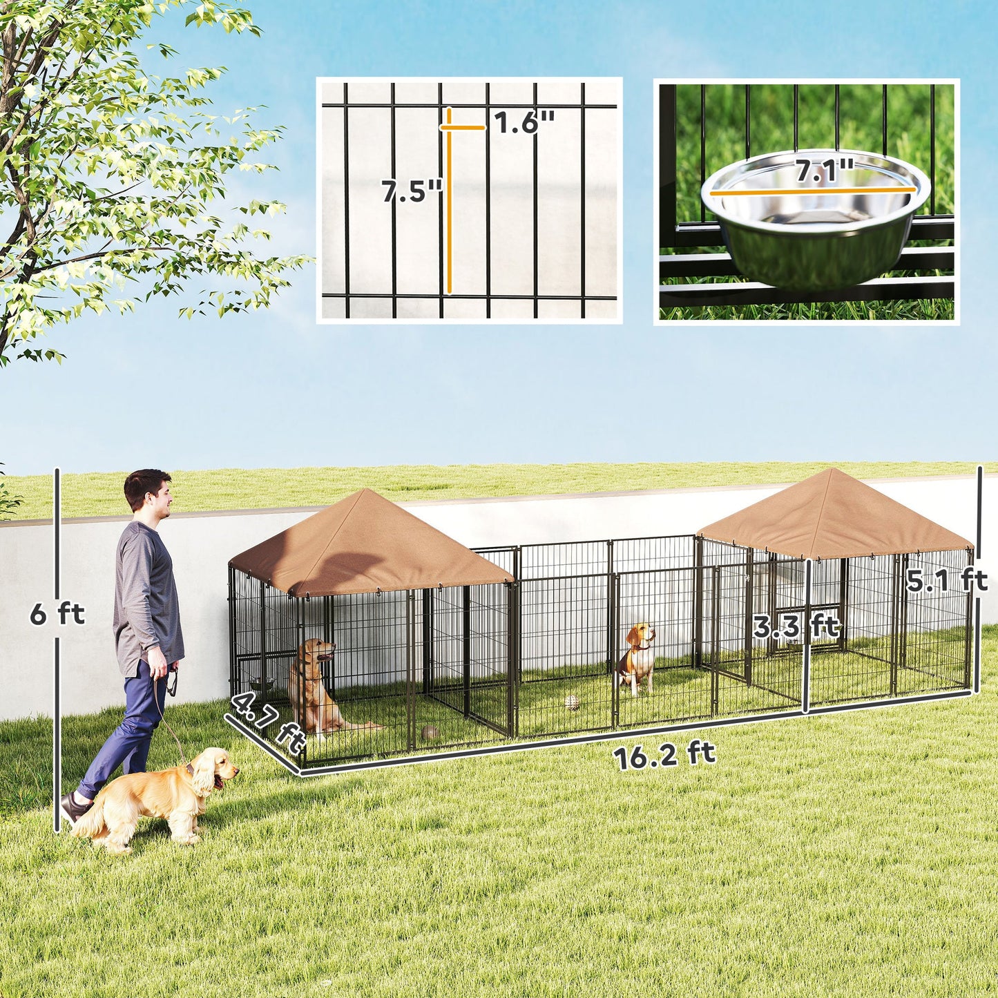 Large Outdoor Dog Kennel with 2 Rooms and Adjustable Height Bowls, Waterproof & UV-Resistant Canopy
