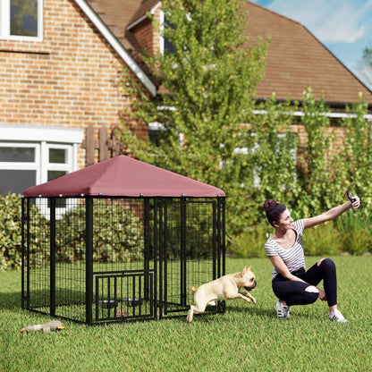 Welded Wire Outdoor Dog Kennel with Rotating Bowls, Waterproof Cover, 4.6x4.6x5 Feet