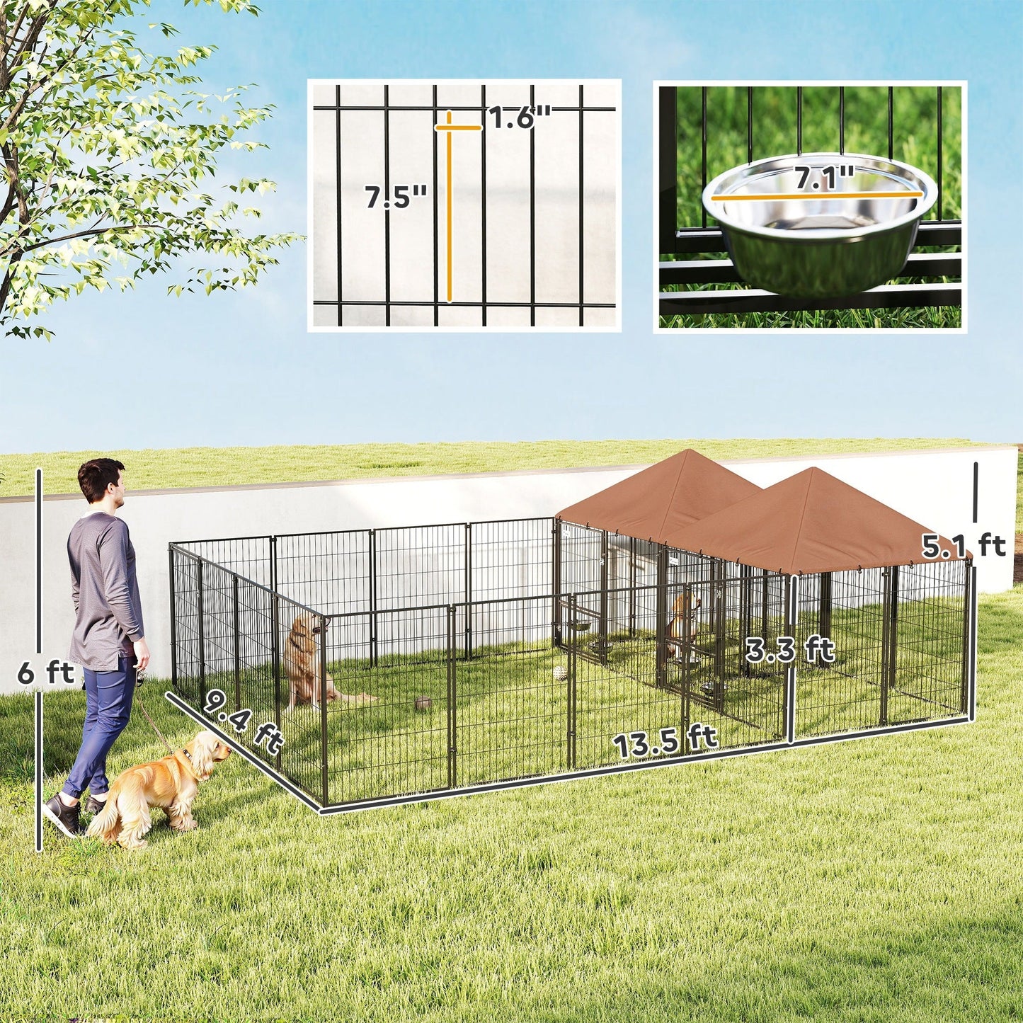 Large Outdoor Dog Kennel with Two Rooms, Adjustable Height Bowls, 13.5x9.4x5.1 для всех пород