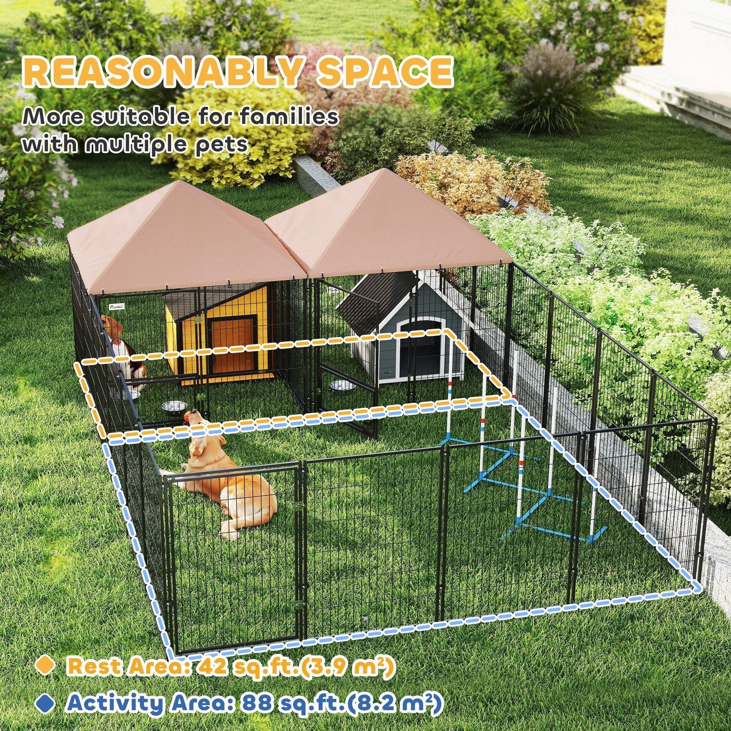 Large Outdoor Dog Kennel with Two Rooms, Adjustable Height Bowls, 13.5x9.4x5.1 для всех пород