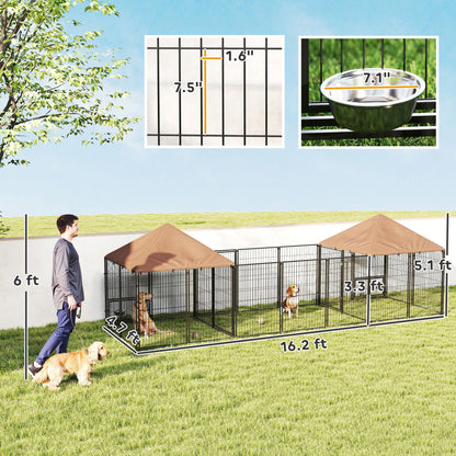 Large Outdoor Dog Kennel with 2 Rooms and Adjustable Height Bowls, Waterproof & UV-Resistant Canopy