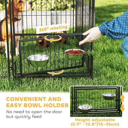 Large Outdoor Dog Kennel with 2 Rooms and Adjustable Height Bowls, Waterproof & UV-Resistant Canopy