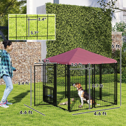 Welded Wire Outdoor Dog Kennel with Rotating Bowls, Waterproof Cover, 4.6x4.6x5 Feet