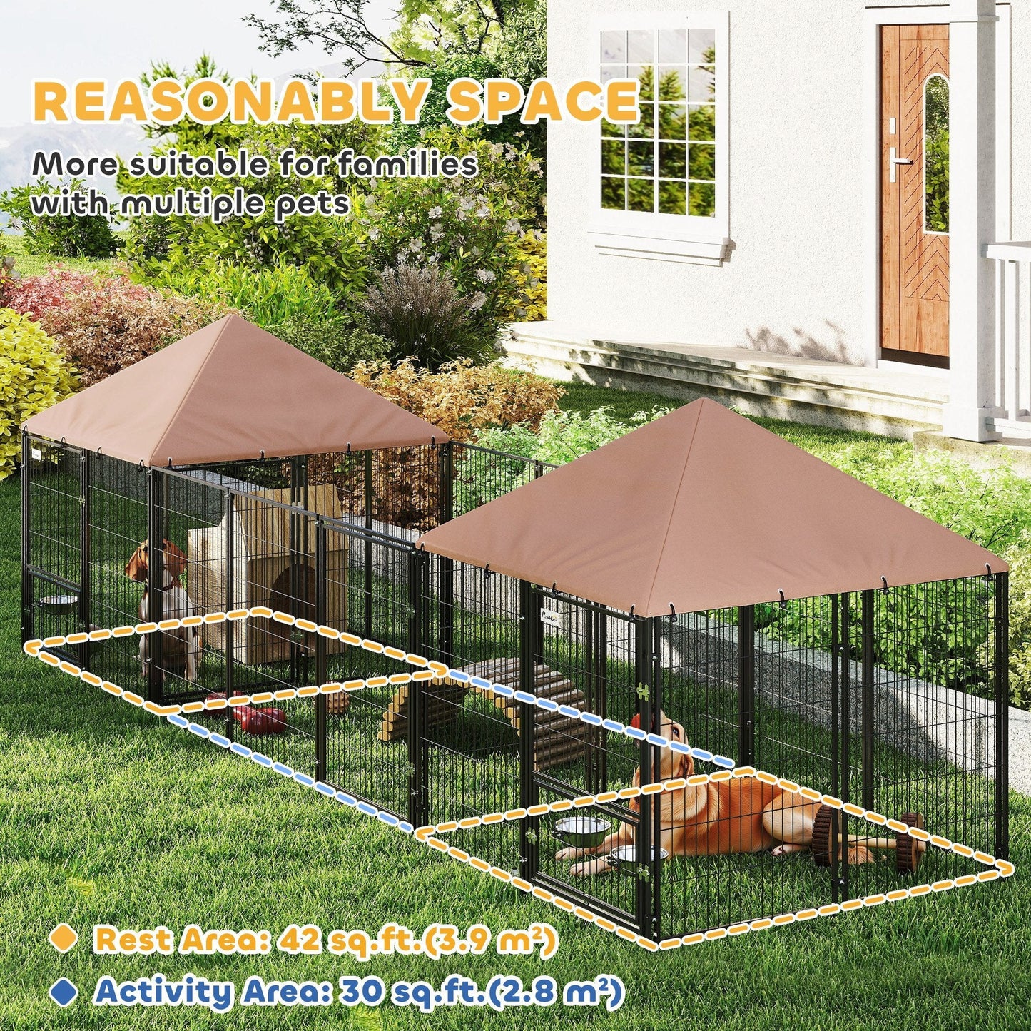 Large Outdoor Dog Kennel with 2 Rooms and Adjustable Height Bowls, Waterproof & UV-Resistant Canopy