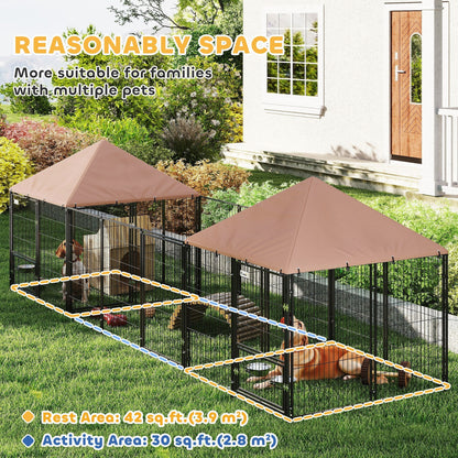 Large Outdoor Dog Kennel with 2 Rooms and Adjustable Height Bowls, Waterproof & UV-Resistant Canopy