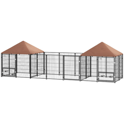 Large Outdoor Dog Kennel with 2 Rooms and Adjustable Height Bowls, Waterproof & UV-Resistant Canopy