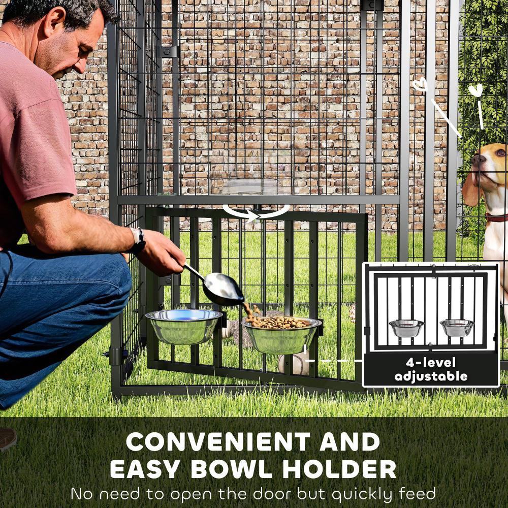Welded Wire Outdoor Dog Kennel with Rotating Bowls, Waterproof Cover, 4.6x4.6x5 Feet