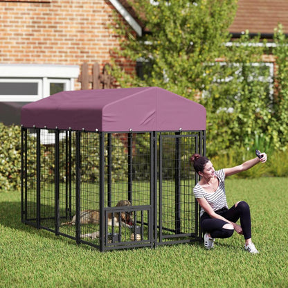 Welded Wire Outdoor Dog Kennel with 360° Rotating & Adjustable Bowls, Waterproof Cover, 7.9 x 4 x 6 ft