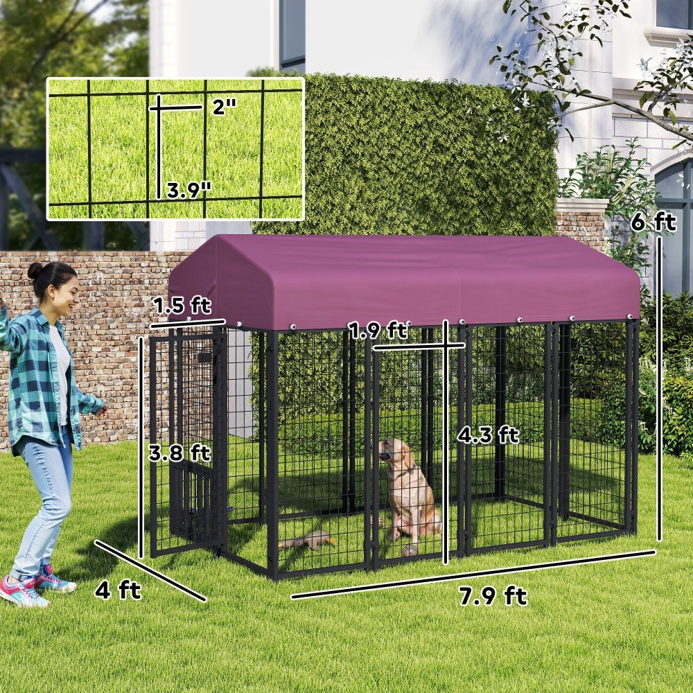 Welded Wire Outdoor Dog Kennel with 360° Rotating & Adjustable Bowls, Waterproof Cover, 7.9 x 4 x 6 ft