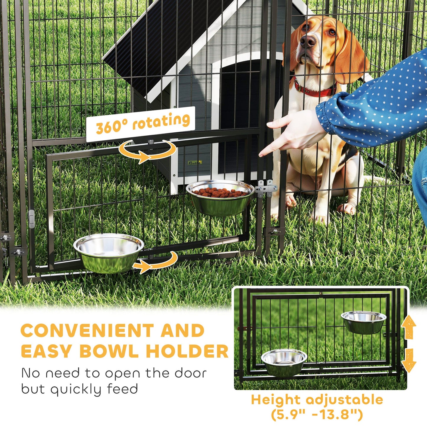 Large Outdoor Dog Kennel with Two Rooms, Adjustable Height Bowls, 13.5x9.4x5.1 для всех пород