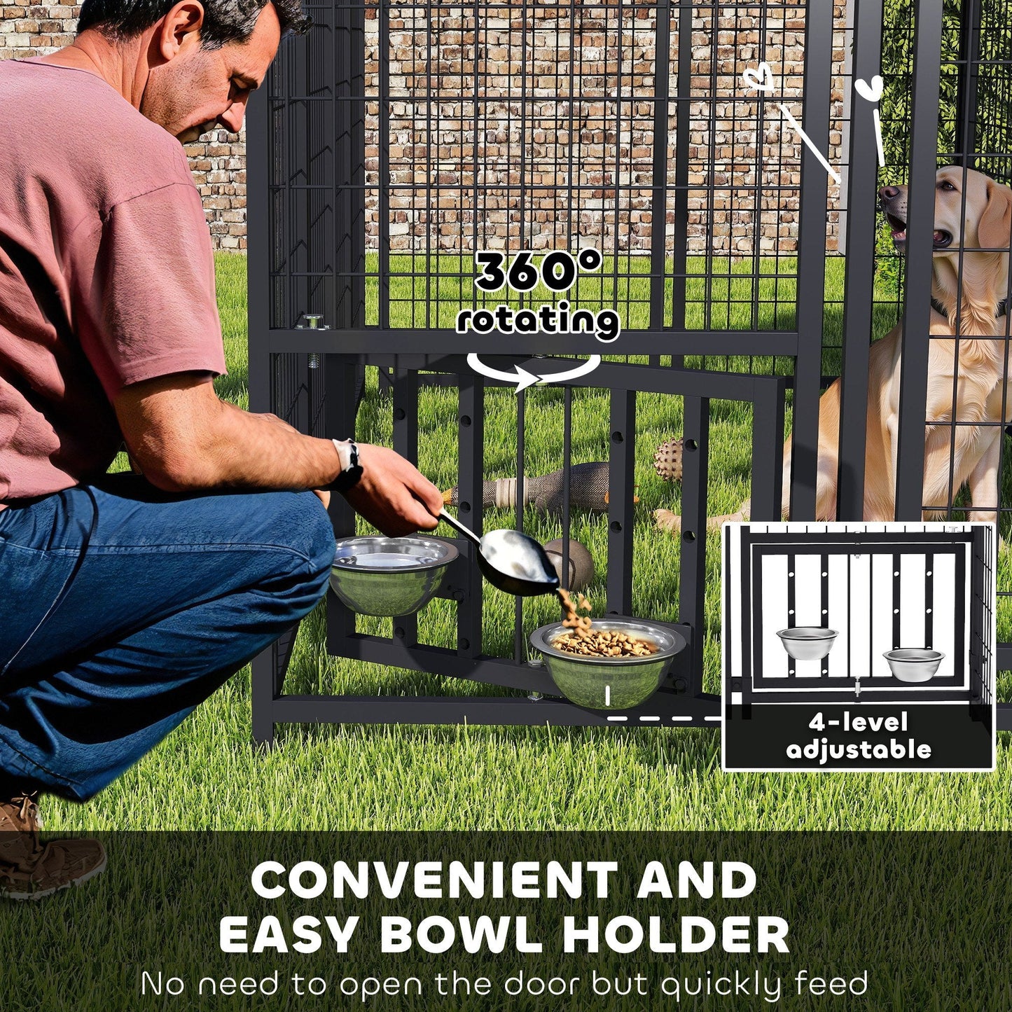 Welded Wire Outdoor Dog Kennel with 360° Rotating & Adjustable Bowls, Waterproof Cover, 7.9 x 4 x 6 ft
