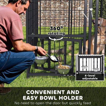 Welded Wire Outdoor Dog Kennel with 360° Rotating & Adjustable Bowls, Waterproof Cover, 7.9 x 4 x 6 ft