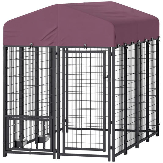 Welded Wire Outdoor Dog Kennel with 360° Rotating & Adjustable Bowls, Waterproof Cover, 7.9 x 4 x 6 ft
