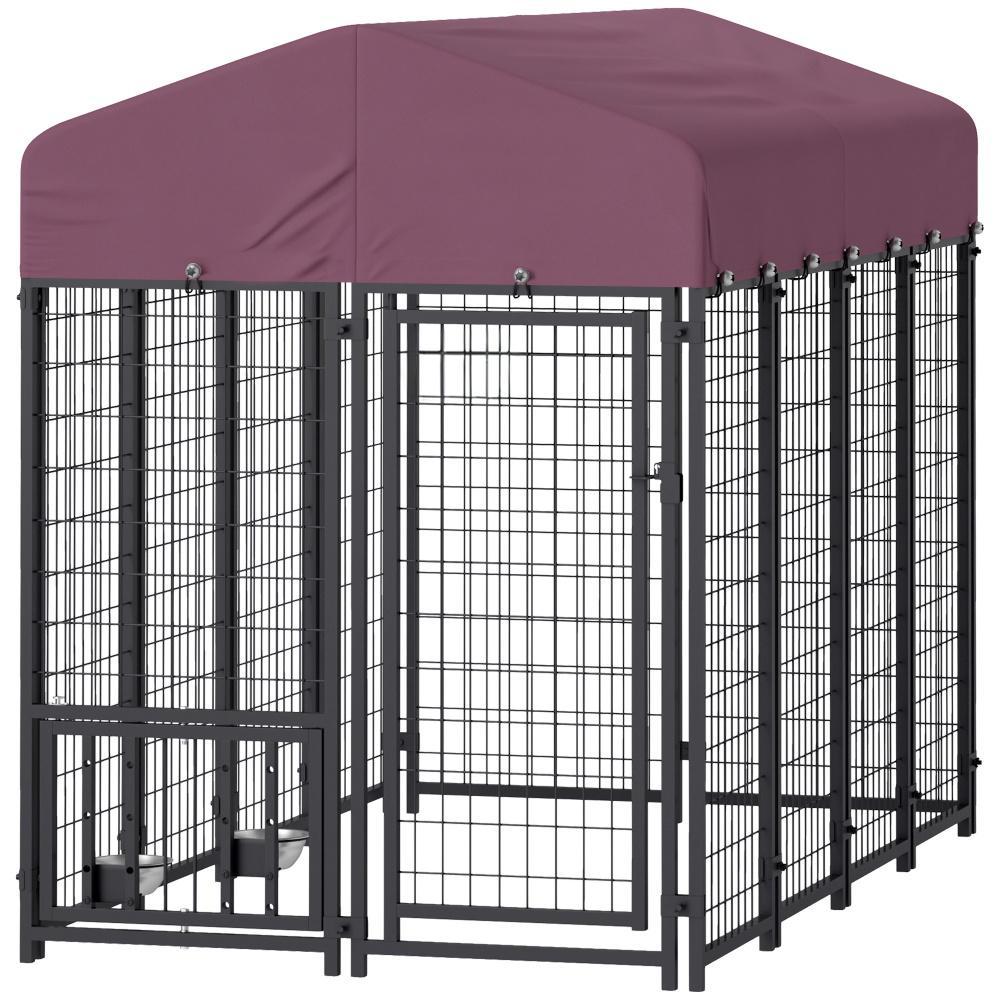 Welded Wire Outdoor Dog Kennel with 360° Rotating & Adjustable Bowls, Waterproof Cover, 7.9 x 4 x 6 ft