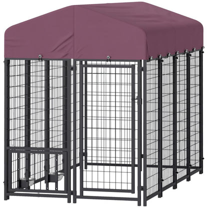 Welded Wire Outdoor Dog Kennel with 360° Rotating & Adjustable Bowls, Waterproof Cover, 7.9 x 4 x 6 ft