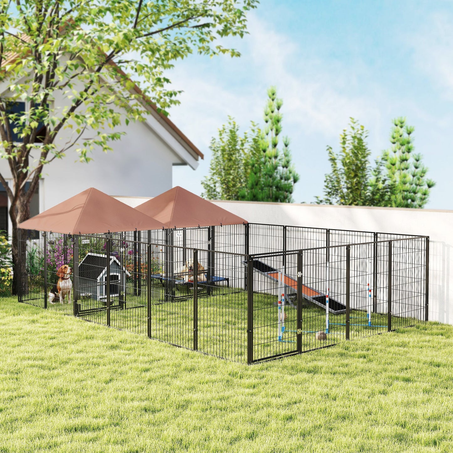 Large Outdoor Dog Kennel with Two Rooms, Adjustable Height Bowls, 13.5x9.4x5.1 для всех пород