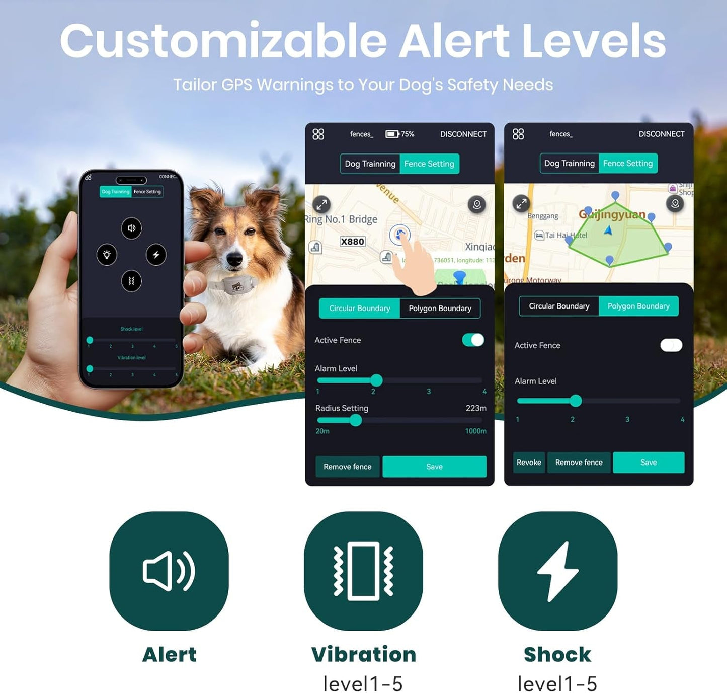 GPS Dog Collar Wireless Fence Training Waterproof App Control No Subscription