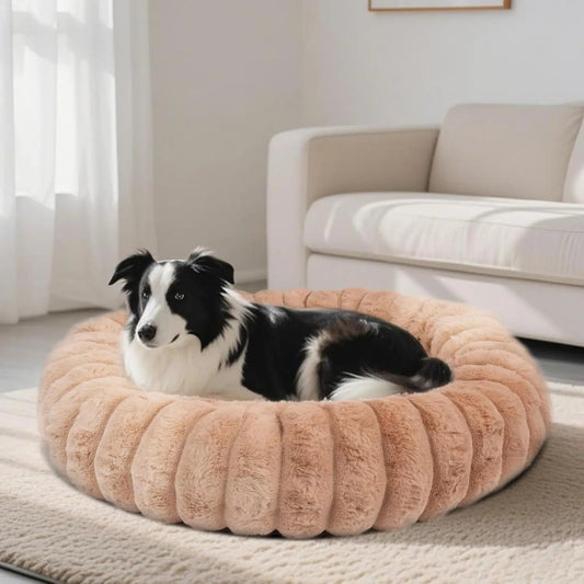Luxury Donut Dog & Cat Bed, Faux Fur Calming Pet Bed with Non-Slip Base