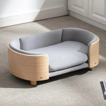 Modern Elevated Pet Sofa Bed with Wood Legs, Velvet Cushion, Washable Cover