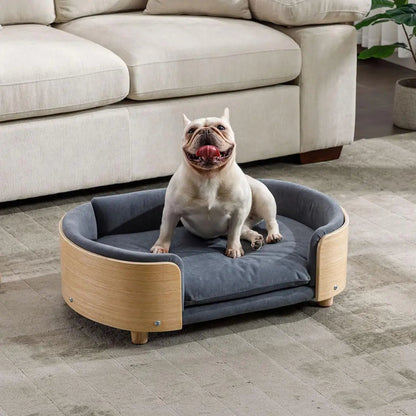 Modern Elevated Pet Sofa Bed with Wood Legs, Velvet Cushion, Washable Cover