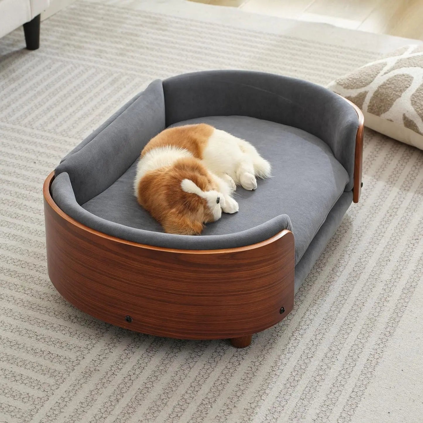 Modern Elevated Pet Sofa Bed with Wood Legs, Velvet Cushion, Washable Cover