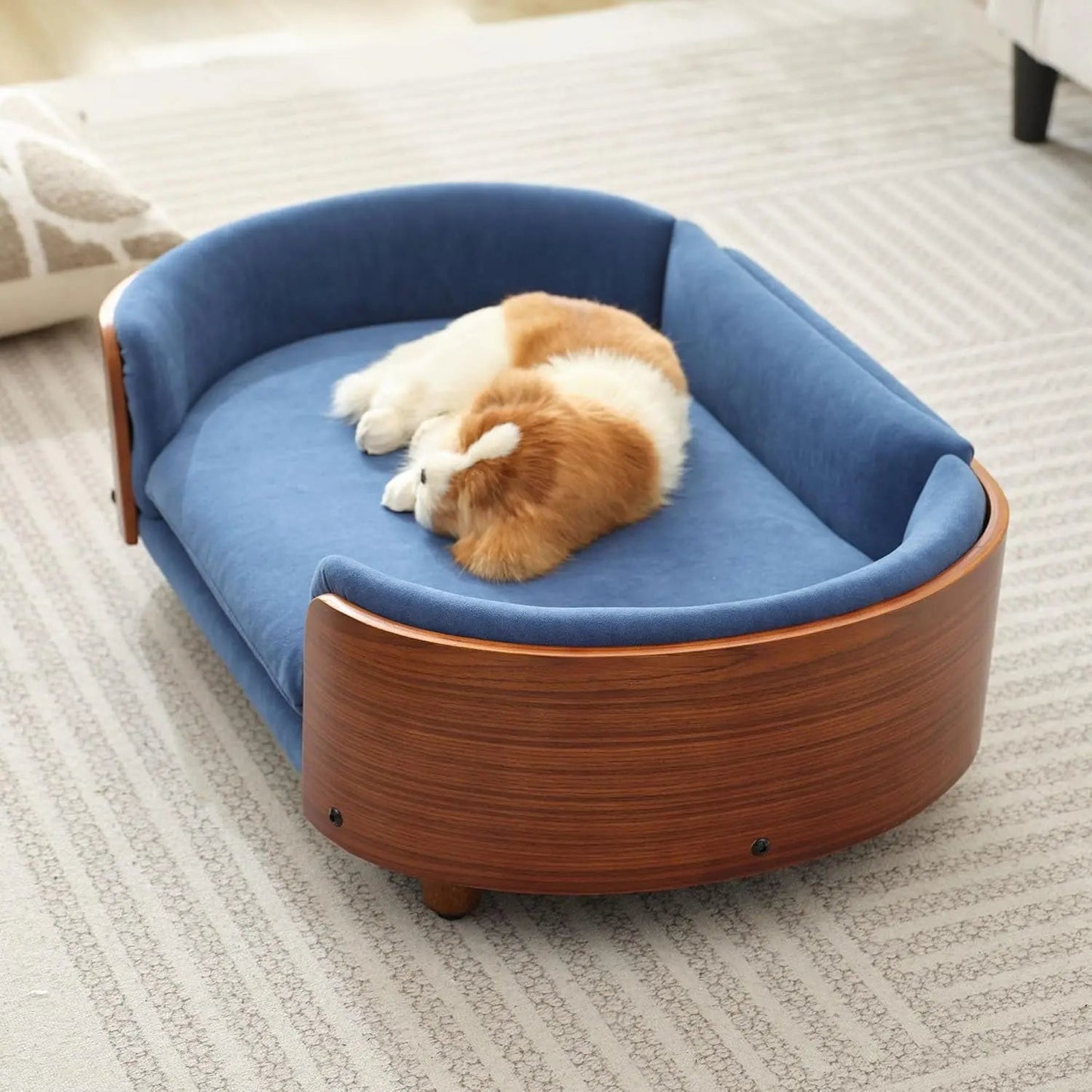 Modern Elevated Pet Sofa Bed with Wood Legs, Velvet Cushion, Washable Cover