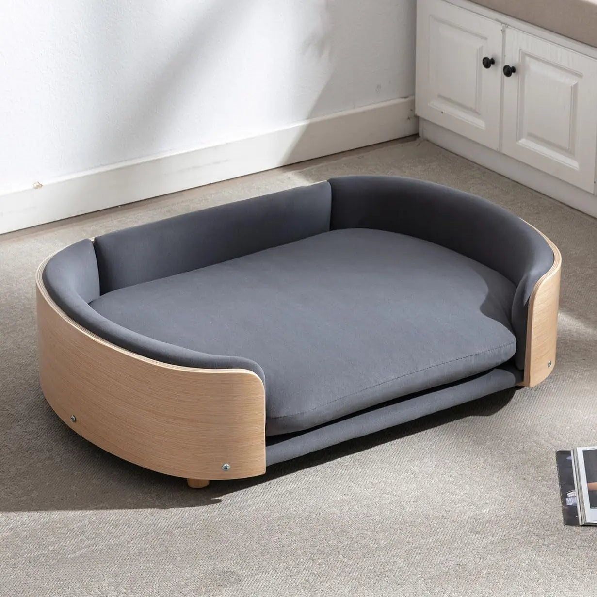 Modern Elevated Pet Sofa Bed with Wood Legs, Velvet Cushion, Washable Cover