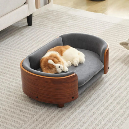 Modern Elevated Pet Sofa Bed with Wood Legs, Velvet Cushion, Washable Cover