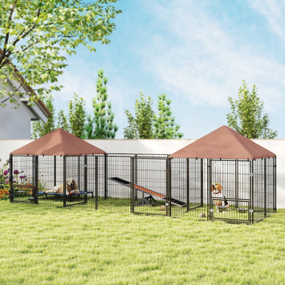 Large Outdoor Dog Kennel with 2 Rooms and Adjustable Height Bowls, Waterproof & UV-Resistant Canopy