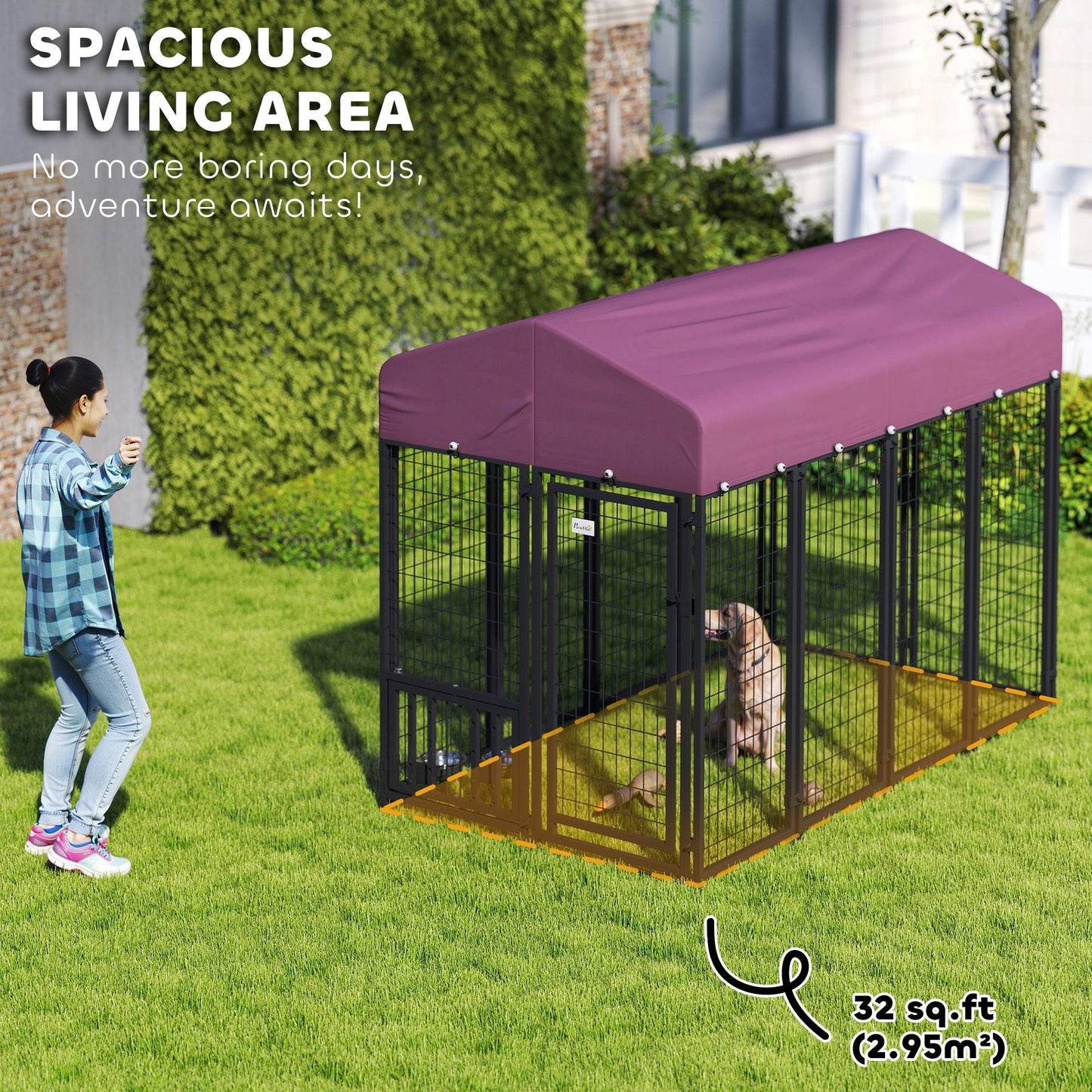 Welded Wire Outdoor Dog Kennel with 360° Rotating & Adjustable Bowls, Waterproof Cover, 7.9 x 4 x 6 ft
