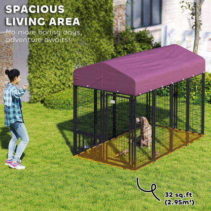 Welded Wire Outdoor Dog Kennel with 360° Rotating & Adjustable Bowls, Waterproof Cover, 7.9 x 4 x 6 ft