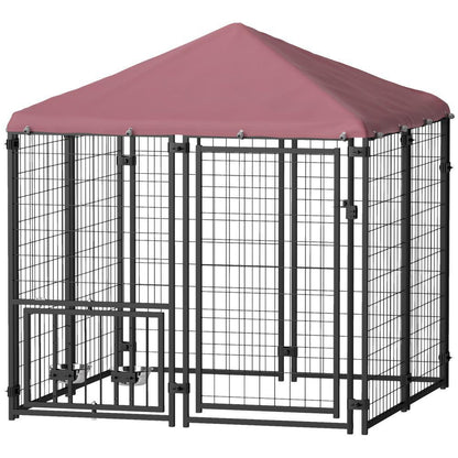 Welded Wire Outdoor Dog Kennel with Rotating Bowls, Waterproof Cover, 4.6x4.6x5 Feet