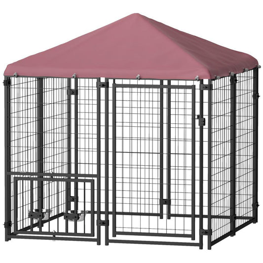 Welded Wire Outdoor Dog Kennel with Rotating Bowls, Waterproof Cover, 4.6x4.6x5 Feet